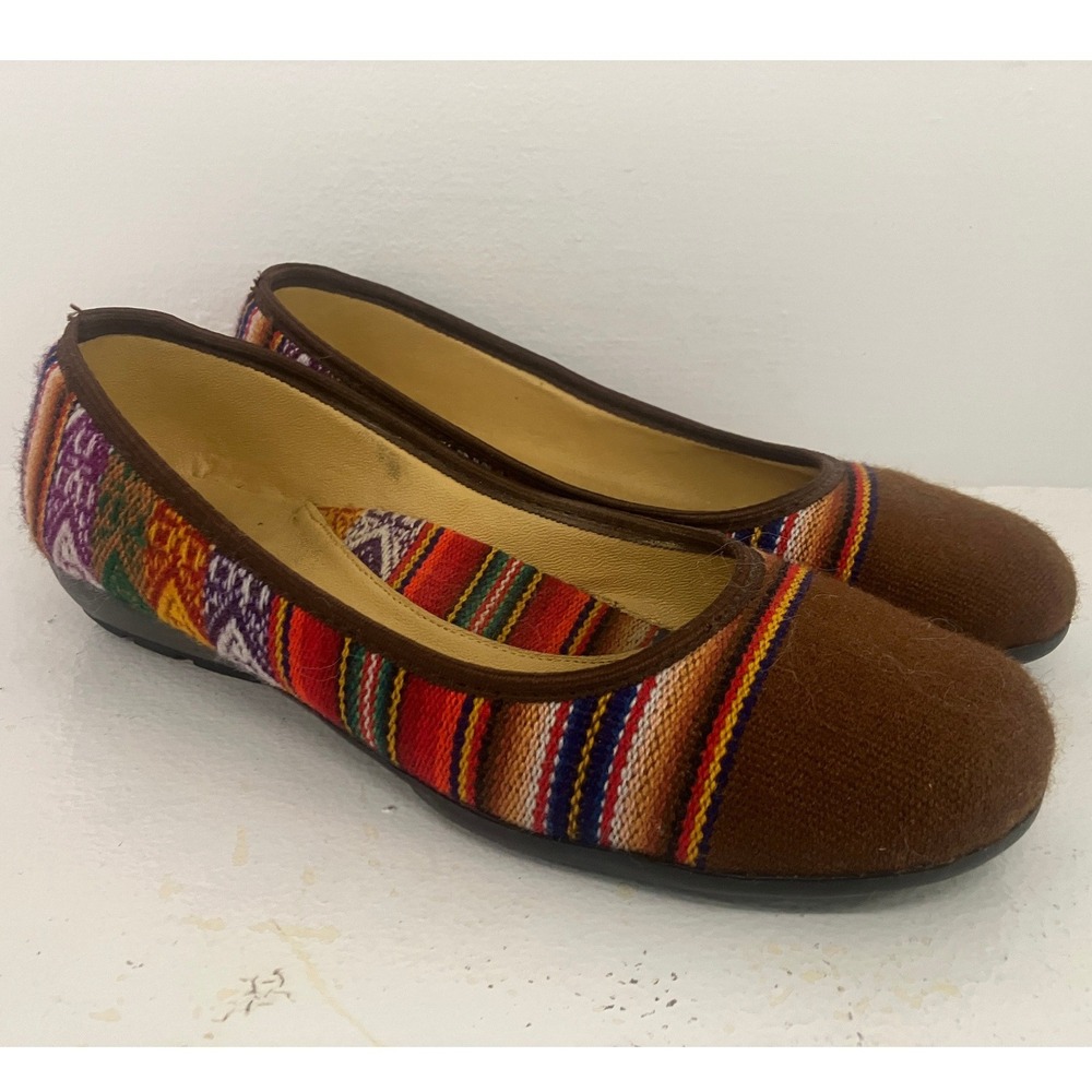Handmade Sz EU35 US5 Woven Textile Ballet Flats Brown Multi Color Sarape Latina